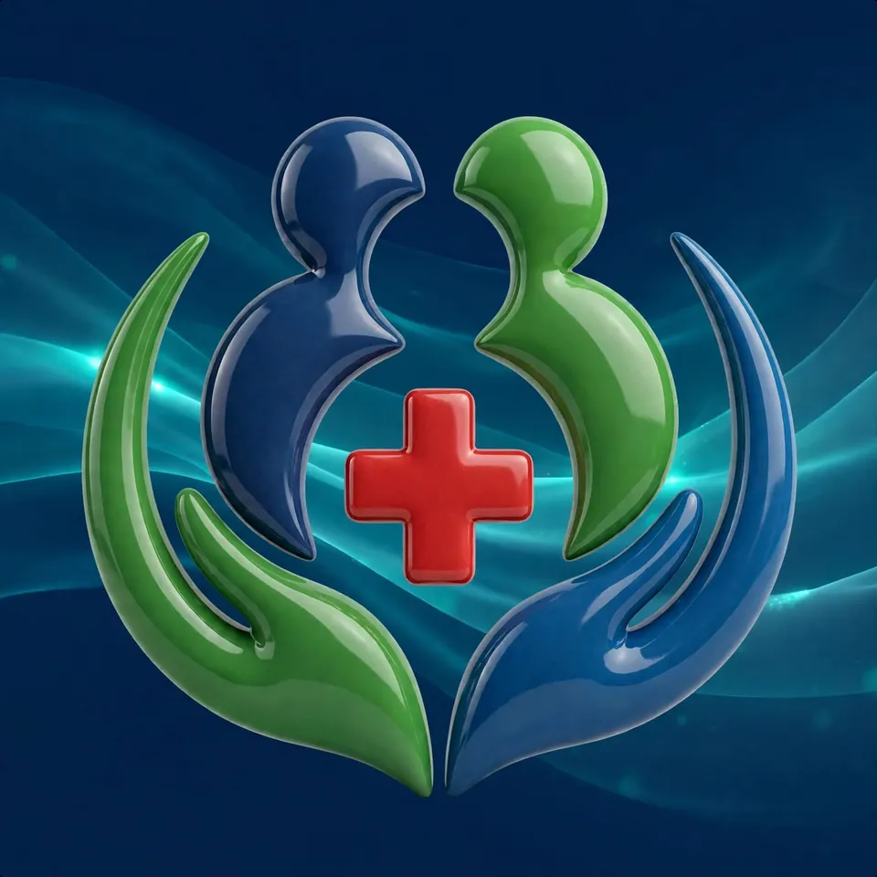 Logo do Hospital Fundação Pró Pinhais: duas pessoas, uma cruz e mãos que acolhem