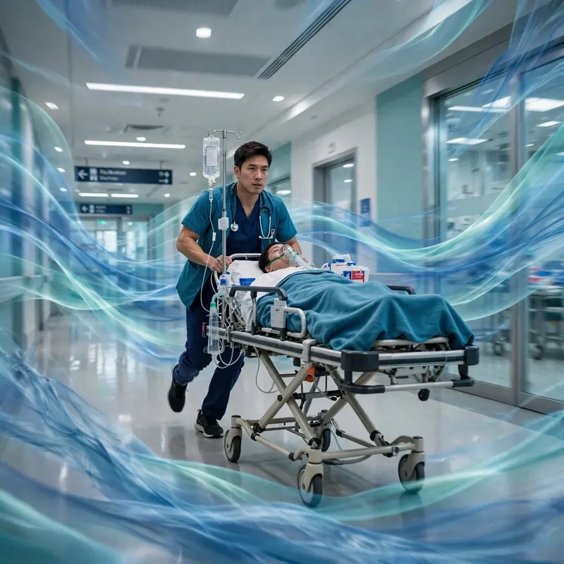 Profissional de saúde conduzindo uma maca por um corredor do hospital